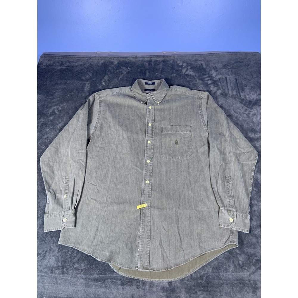 Nautica Men's Button Down Shirt Dark Gary 100% Cotton Size L 16-16.5 34/35